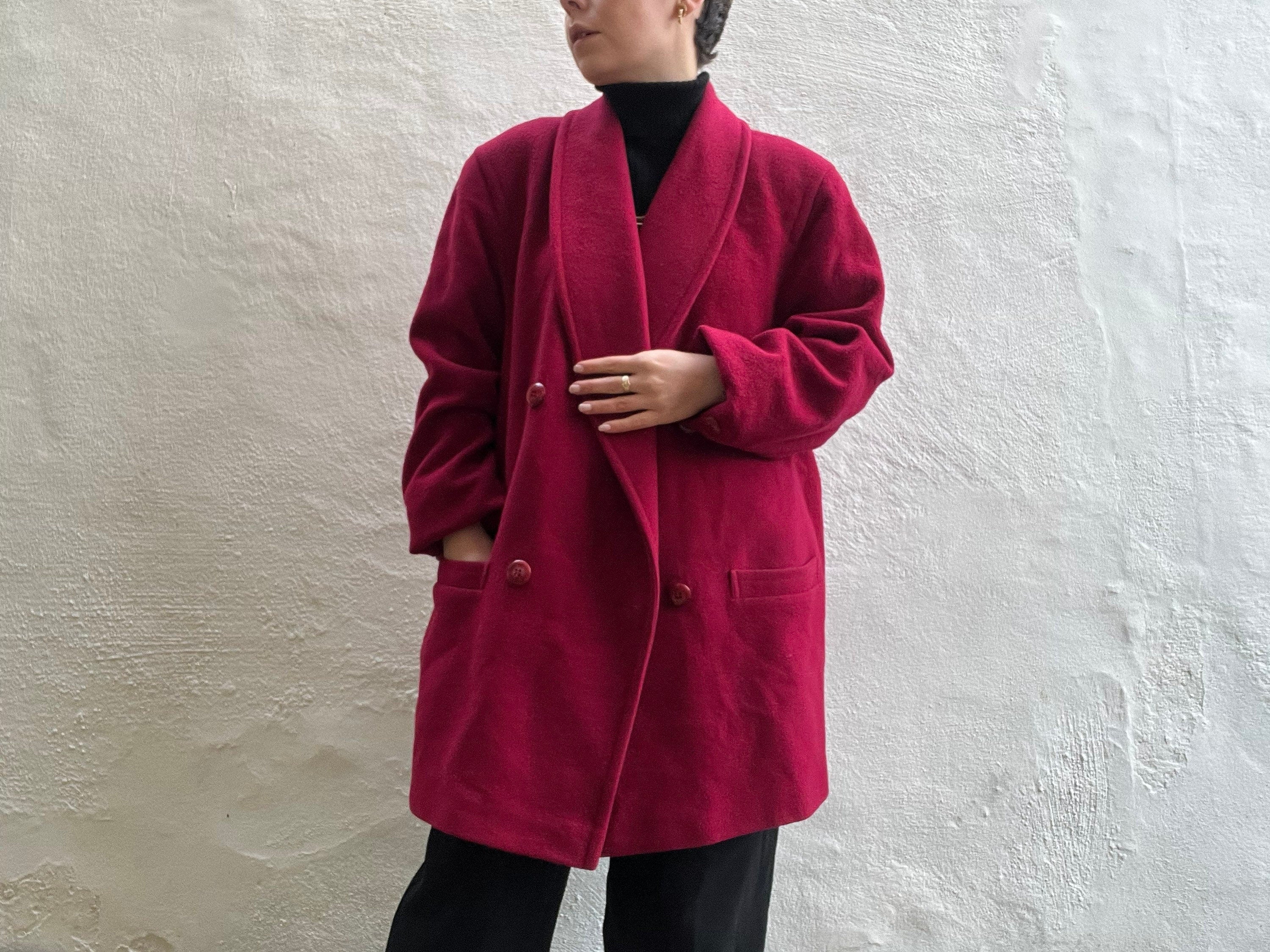 1980s wool coat M // Raspberry 100% wool blazer coat, cocoon car